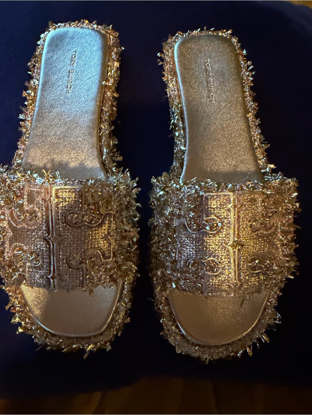 Tory Burch Metallic Gold Embellished Slide Sandals